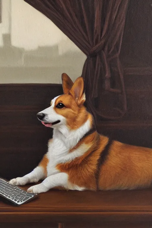 Image similar to Corgi on laptop studying for Medical School, oil on canvas, intricate, portrait, 8k highly professionally detailed, HDR, CGsociety