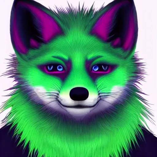 Image similar to close up of photorealistic green fox with green fur and glowing magenta eyes, wearing a black hoodie