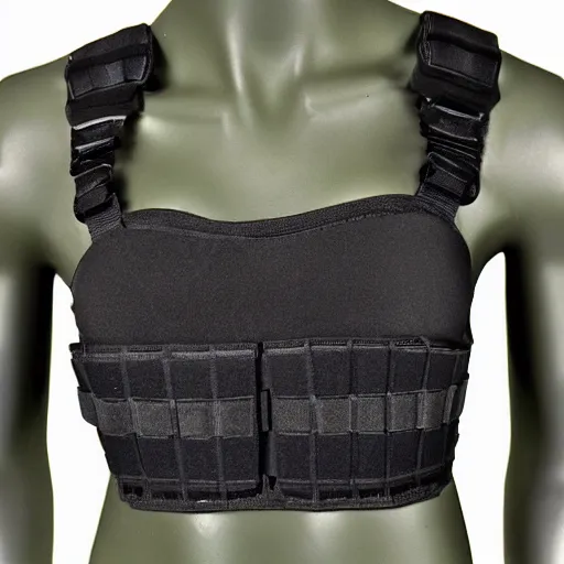 Prompt: tactical bra with pockets and weapons, body armor, military, camo, detailed, intricate