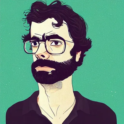 Prompt: detailed portrait of bearded jemaine clement in circular wireframe glasses, cursed, 1 9 5 0's, scruffy man, magnificent, photographic realistic background, by james gilleard, by joe fenton, by kaethe butcher, trending on instagram, award winning details