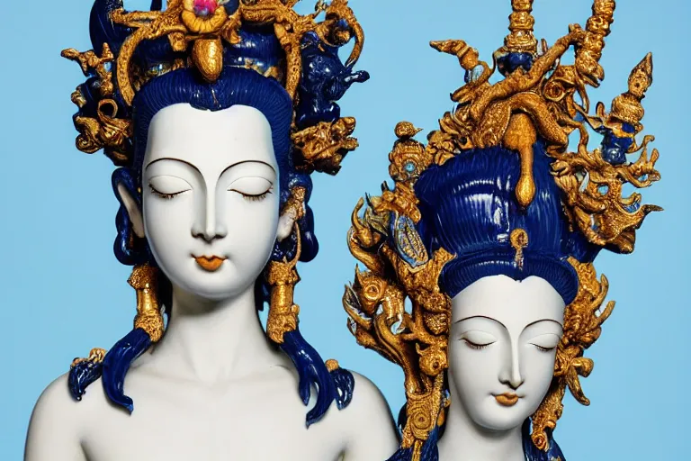 Image similar to full head and shoulders, beautiful female, deep blue porcelain sculpture, plastic jewellery of a hindu god, with lots of ornate gold leaf animals, attached to head by daniel arsham and james jean, on a white background, delicate facial features