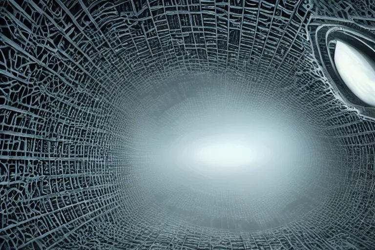 Prompt: a spaceship moving through a foggy complex organic fractal 3 d ceramic megastructure, cinematic shot, photo still from movie by denis villeneuve
