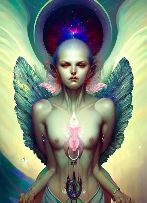 Image similar to symmetry, cancer, highly detailed, high contrast, light reflection, delicate patterns with feather texture, shining angel, shining sword, trippy, nebula, trending on art station by artgem, by peter mohrbacher, by wlop, by ruan jia