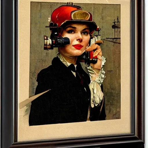 Prompt: frontal portrait of a woman with a steampunk helmet, by norman rockwell