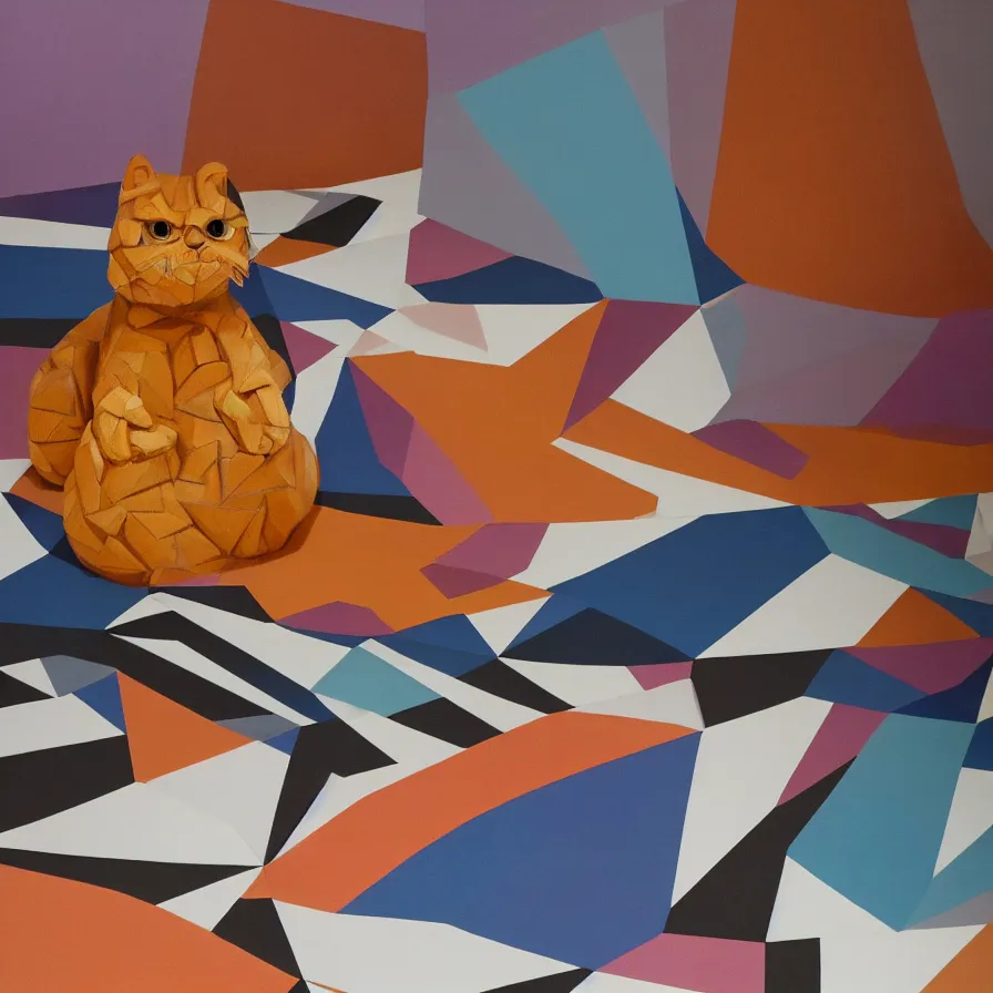 Prompt: beautiful gallery show studio photograph of a giant realistic geometric ceramic sculpture of garfield cat!!!!, heavily glazed by bridget riley and victor vasarely, placed on a polished wooden table, colorful hyperrealism 8 k trending on artstation