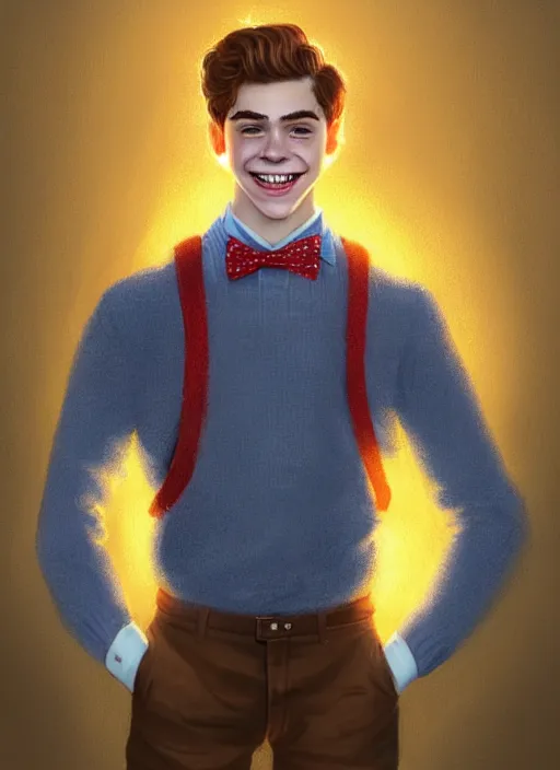 Image similar to portrait of teenage archie andrews, freckles, curly middle part haircut, curly hair, middle part hairstyle, smiling kindly, wearing a bowtie and sweater vest, intricate, elegant, glowing lights, highly detailed, digital painting, artstation, concept art, smooth, sharp focus, illustration, art by wlop, mars ravelo and greg rutkowski