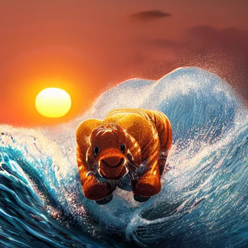 Image similar to a closeup photorealistic photograph of a cute smiling knitted tiger hippopotamus riding a large wave at sunset. surf in background. professional capture. brightly lit scene. this 4 k hd image is trending on artstation, featured on behance, well - rendered, extra crisp, features intricate detail, epic composition and the style of unreal engine.