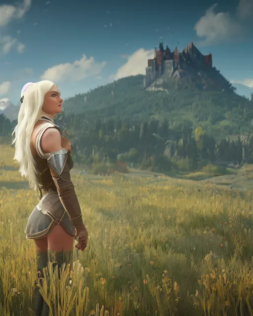 Image similar to a beautiful blonde woman from of the witcher 3 game, Toussaint landscape background, rendered in octane