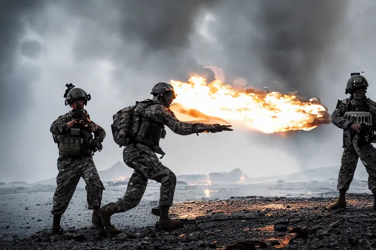 Prompt: Mercenary Special Forces soldiers in grey uniforms with black armored vest and black helmets assaulting a burning exploding devastated fjord Norway in 2022, Canon EOS R3, f/1.4, ISO 200, 1/160s, 8K, RAW, unedited, symmetrical balance, in-frame, combat photography, colorful