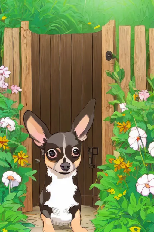 Image similar to A black and tan chihuahua looks through her garden gate, cel shaded cartoon in the style of studio Ghibli, sunny morning, cinematic lighting, summer