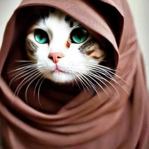 Prompt: !!! brown eyed!!! cute cat!! wearing hijab!!, beautiful, portrait