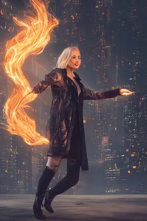 Image similar to wonderful young blonde woman with flames dancing on her hands with a long jacket in a cyberpunk city, realistic, high definition, detailed and symetric face, detailed and realistic hands, expressive eyes, 4 k, shimmering color, epic digital art