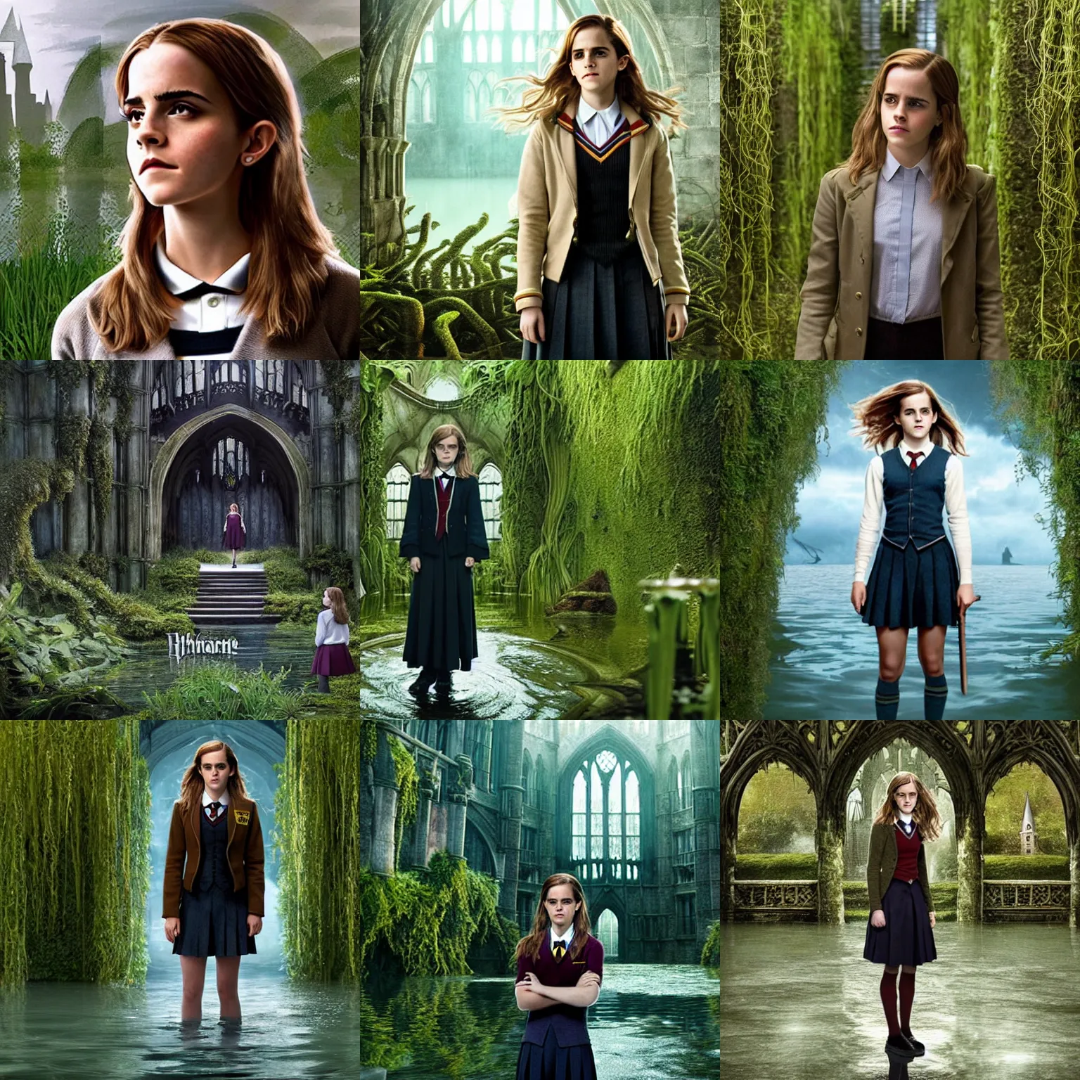 Prompt: emma watson as hermione granger, wearing school uniform, alone, in an empty dark flooded hogwarts castle overgrown with aquatic plants
