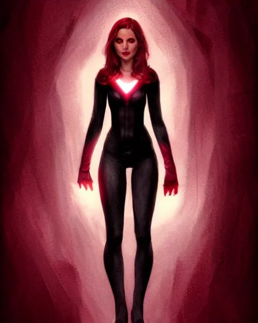 Image similar to Scarlet witch outfit Sarah Michelle Gellar, black magic, realistic character concept, full body, scary pose, comic book, illustration,;cinematic lighting, high resolution, Charlie Bowater, Norman Rockwell, symmetrical eyes, single face, detailed and intricate, beautiful