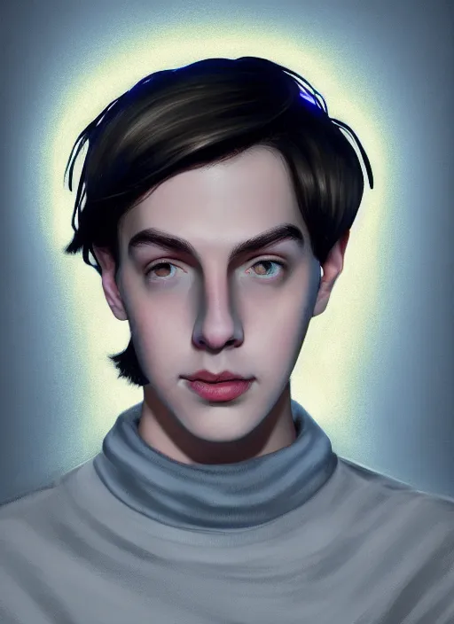 Image similar to portrait of teenage jughead jones wearing a light grey crown, crown, blue turtleneck, 1 9 5 0 s, closed eyes, photorealistic, black hair, glowing lighting, intricate, elegant, glowing lights, highly detailed, digital painting, artstation, concept art, smooth, sharp focus, illustration, art by wlop, mars ravelo and greg rutkowski