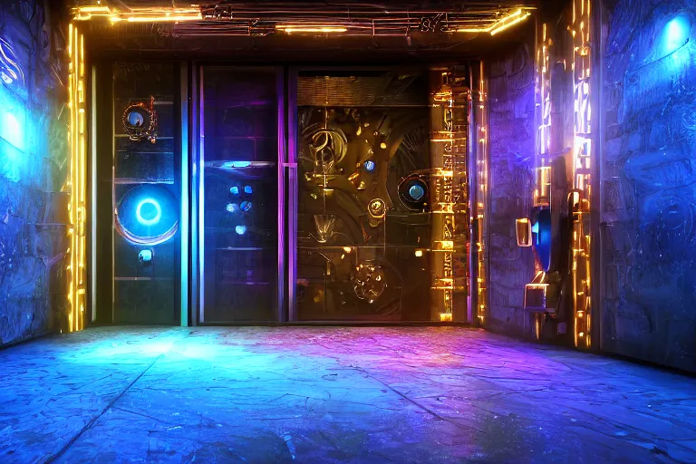 Image similar to backdoor entrance to a futuristic nightclub, on the floor sits a sad golden and blue metal humanoid steampunk robots wearing and gears and tubes, eyes are glowing red lightbulbs, shiny crisp finish, 3 d render, 8 k, insaneley detailed, fluorescent colors, background is back yard of a nightclub, nightlight