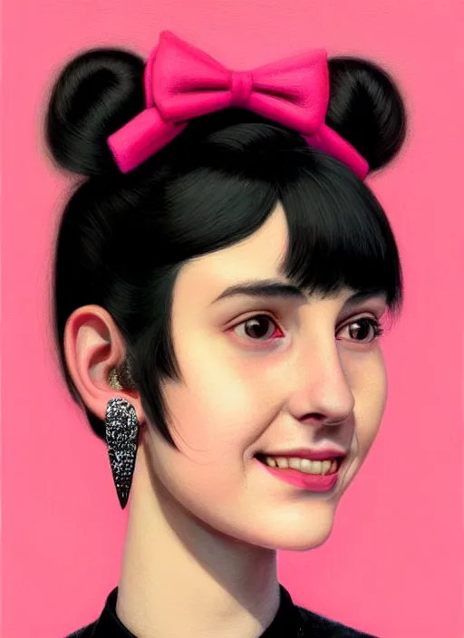 Image similar to portrait of teenage girl, narrow face, black hair, bangs, half updo hairstyle, pointy nose, skinny, smile, unattractive, defined jawline, big chin, pink hair bow, earrings, intricate, elegant, glowing lights, highly detailed, digital painting, artstation, sharp focus, illustration, art by wlop, mars ravelo and greg rutkowski