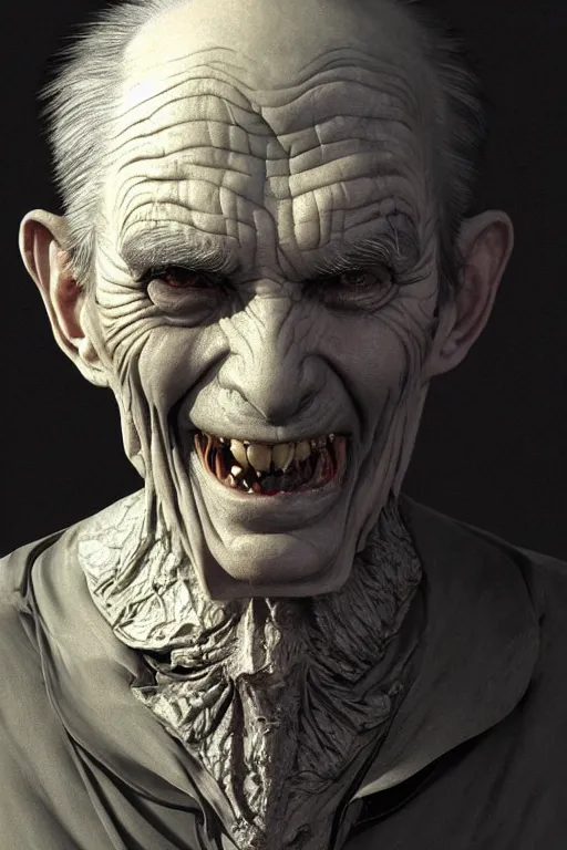 Image similar to portrait of a old vampire slightly smiling, intricate wrinkles, dystopian terror, sharp black fangs, night light, extremely detailed, digital painting, candles, sculpted in zbrush, artstation, concept art, smooth, sharp focus, illustration, chiaroscuro lighting, golden ratio, incredible art by Stanley Artgerm Lau and Greg Rutkowski, composition by Alphonse Mucha and Simon Stalenhag