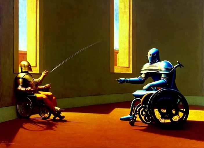 Image similar to knight in rich armor in a wheelchair do tricks & watch old tv, rome, highly detailed, soft lighting, elegant, by edward hopper and james gillard, zdislaw beksinski, stephen outram, andreas m wiese, carl spitzweg, highly detailed, masterpiece, unreal 6, 8 k