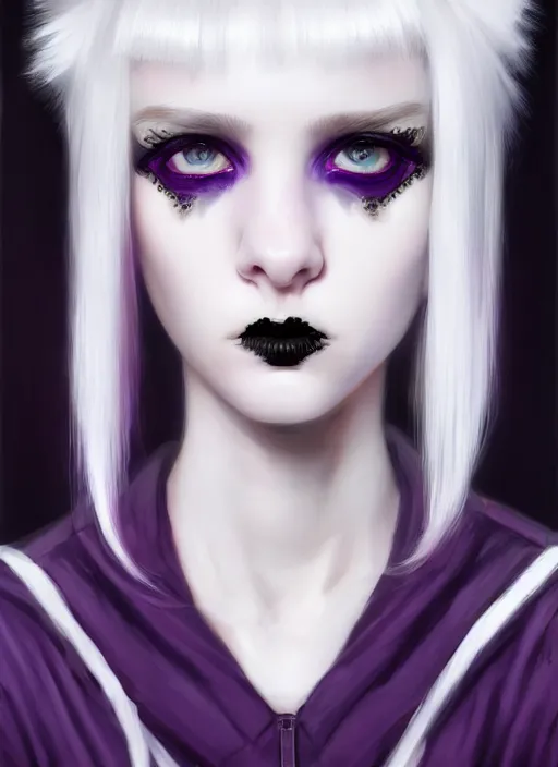 Image similar to portrait of white teenage girl, normal face, white bangs, mall goth, cyberlox, black and white hair, bangs, fluffy bangs, red contact lenses, purple lipstick, intricate, elegant, highly detailed, digital painting, artstation, concept art, sharp focus, smooth, illustration, art by wlop, mars ravelo and greg rutkowski