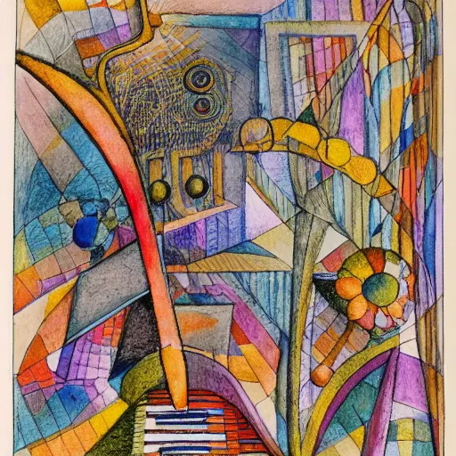 Image similar to musical score that holds a secret message, inspired by klee, bosch, durer. hyperdetailed color pen and ink intricate elaborate, collection of museum of modern art, new york