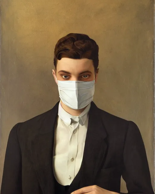 Image similar to portrait of young man wearing black medical mask, suit and tie, style of james c. christensen