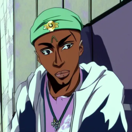 Image similar to Tupac Shakur, screenshot from a 2012s anime