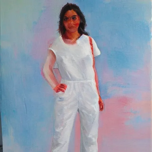 Prompt: white jumpsuit and pink boots, oil painting