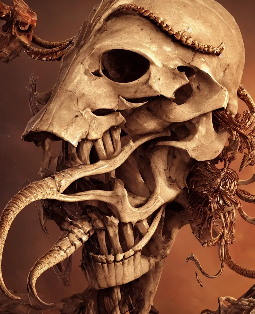 Image similar to close-up macro portrait of the face of a beautiful princess with ram animal skull mask, epic angle and pose, ribcage skeleton symmetrical artwork, 3d with depth of field, blurred background, cybernetic jellyfish female face phoenix bird, translucent, nautilus, energy flows of water and fire. a highly detailed epic cinematic concept art CG render. made in Maya, Blender and Photoshop, octane render, excellent composition, cinematic dystopian brutalist atmosphere, dynamic dramatic cinematic lighting, aesthetic, very inspirational, arthouse. y Greg Rutkowski, Ilya Kuvshinov, WLOP, Stanley Artgerm Lau, Ruan Jia and Fenghua Zhong