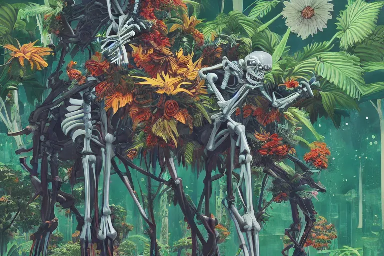 Prompt: 2 d gouache illustration, a lot of exotic vegetation, trees, tremendous skeletal robotic ancient gigantic cat, flowers, oldschool vintage sci - fi flat surreal design, super - detailed, painting by satoshi kon, hd, 4 k, high quality