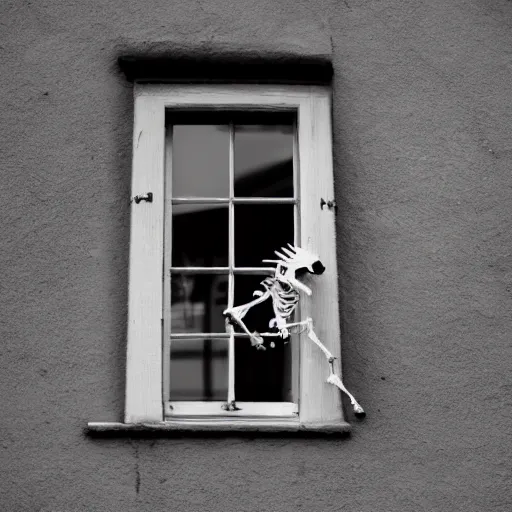 Image similar to Unicorn skeleton standing next to an open window