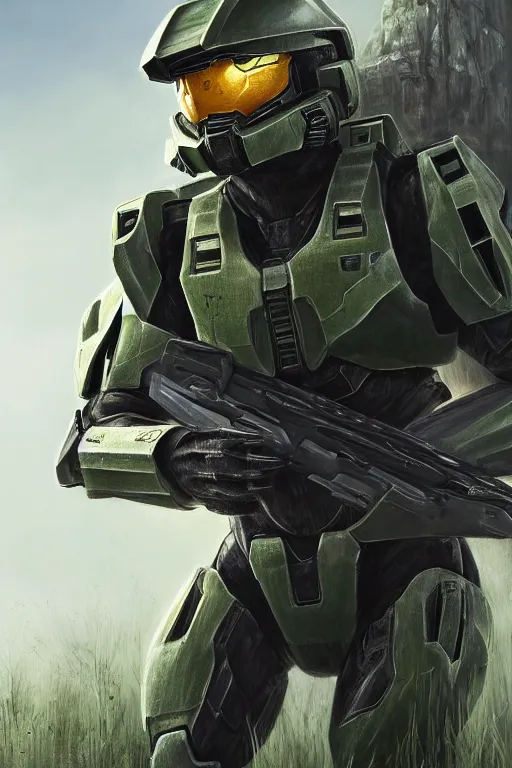 Image similar to master chief from halo 3 hunting easter eggs, oil on canvas, intricate, portrait, 8 k highly professionally detailed, hdr, cgsociety