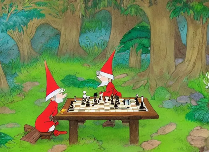 Prompt: two gnomes playing chess in a forest, cute, colourful, detailed, intricate, smooth, fluid, high contrast, high quality, pastel colours, brushed, 4 k, by studio disney and studio ghibli and maurice sendak and richard scarry