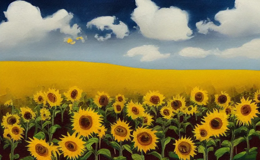 Image similar to A moody painting of an overcast day, clouds, rolling hills, sunflowers, tulips, tree stump, Wes Anderson