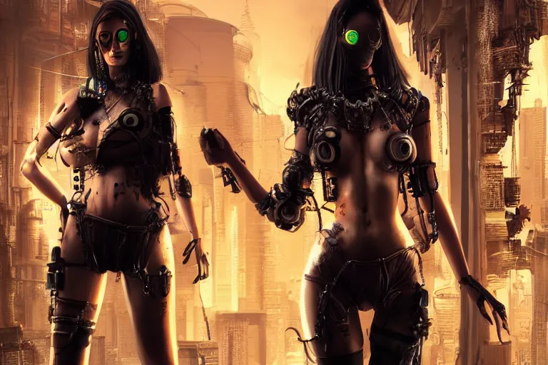 Prompt: a high detailed ultrealistic portrait of a sexy female model with hindu feautures cyberpunk in a dystopian world