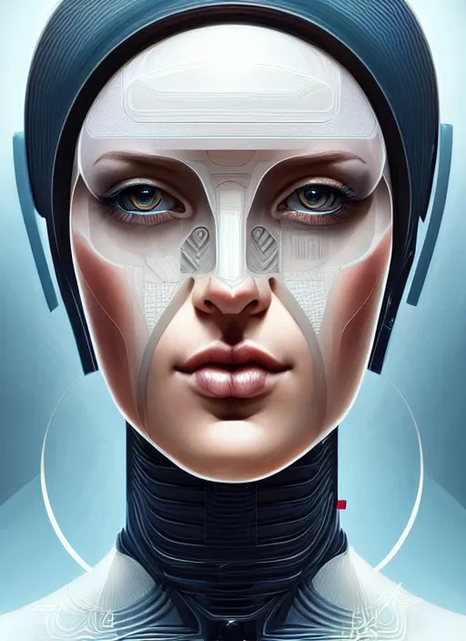 Image similar to symmetry!! portrait of female android, symmetry, intricate, elegant, highly detailed, smooth, sharp focus, concept art, digital painting, illustration, artstation, by fra angelico, sandra chevrier and greg ruthkowski