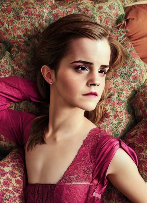 Image similar to Emma Watson for Victorian Secret, perfect face, morning sleeping bedroom, full length shot, colorful, XF IQ4, 150MP, 50mm, f/1.4, ISO 200, 1/160s, natural light, Adobe Photoshop, Adobe Lightroom, DxO Photolab, Corel PaintShop Pro, rule of thirds, symmetrical balance, depth layering, polarizing filter, Sense of Depth, AI enhanced