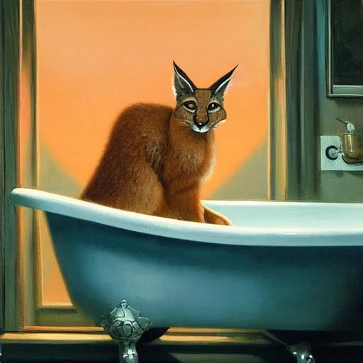 Prompt: cute caracal in bathtub, extremely detailed masterpiece, oil on canvas, low-key neon lighting, artstation, Blade Runner 2049, Roger Deakin’s cinematography, by J. C. Leyendecker and Peter Paul Rubens and Edward Hopper and Michael Sowa