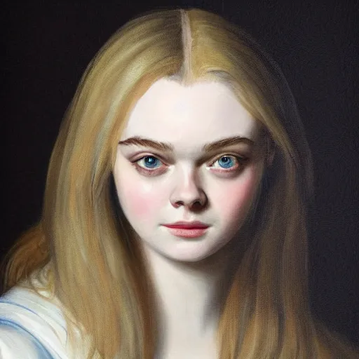 Image similar to professional painting of Elle Fanning in the style of Asher Brown Durand, head and shoulders portrait, symmetrical facial features, smooth, sharp focus, illustration, intricate, stormy weather, extremely detailed masterpiece,