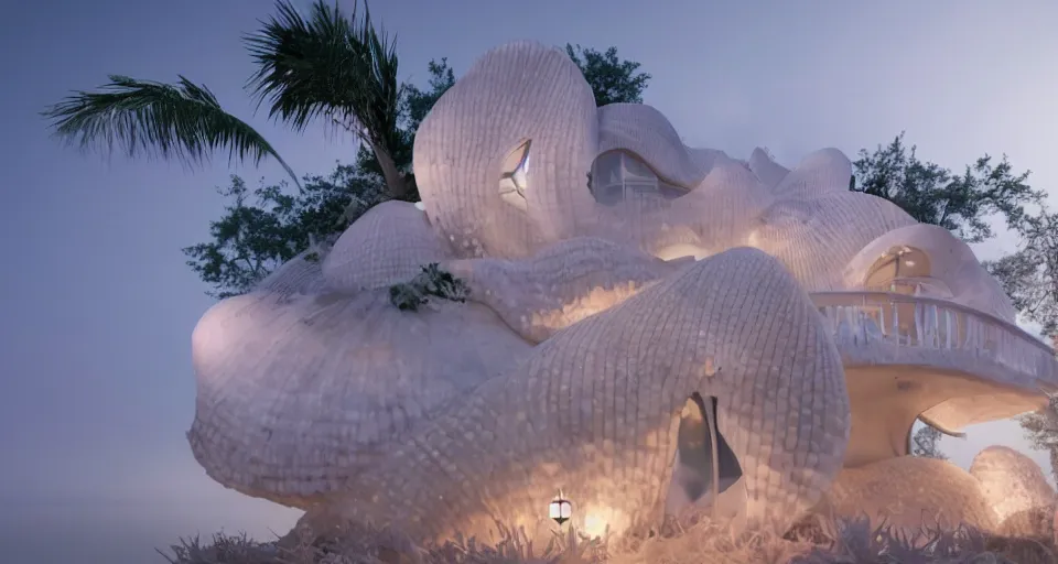 Prompt: pearly white seashell house, atmospheric cinematography