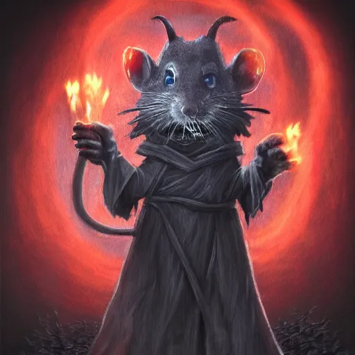 Image similar to painting of a ghostly rat with glowing red eyes, wearing tattered black burlap robes, floating in mist, clutching a blue flame in each hand, anthropomorphic rat, skaven, master splinter, nicodemus, photorealistic, artstation