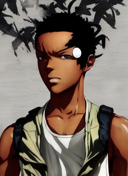 Image similar to character illustration illustrated by shigenori soejima, bald african-american male teenager wearing a white tank-top, cyberpunk, emotional lighting