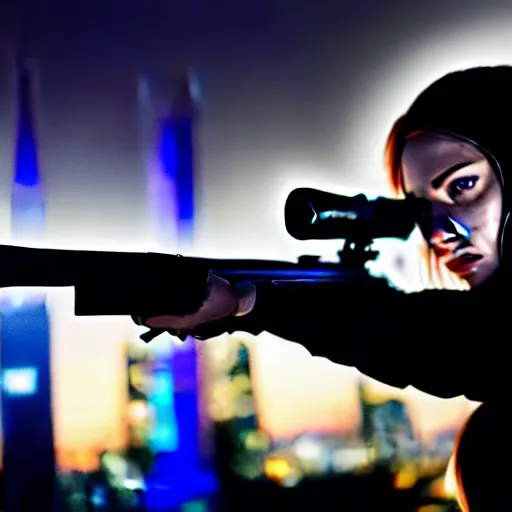 Image similar to photographic portrait of a techwear woman holding a shotgun, closeup, on the rooftop of a futuristic city at night, sigma 85mm f/1.4, 4k, depth of field, high resolution, 4k, 8k, hd, full color, Die Hard, movies with guns, movie firearms