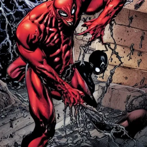 Image similar to carnage symbiote fighting dead pool in new york on a dark and stormy night