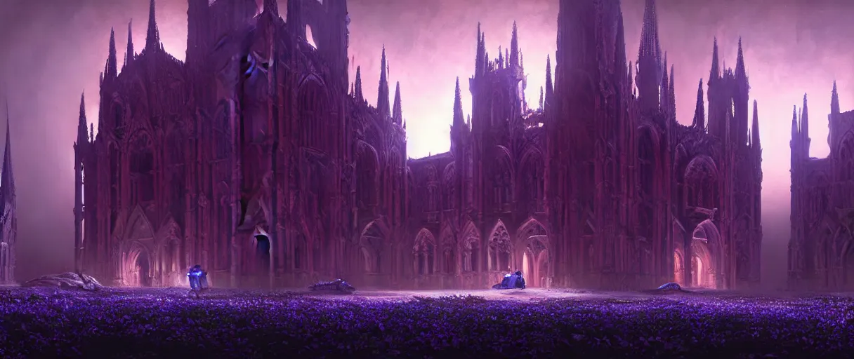 Prompt: hyperrealistic hyper detailed night shot of neo-gothic monastery on mars surrounded by giant blue carnivorous flowers matte painting concept art maciej kuciara gustave courbet very dramatic purple lighting high angle hd 8k sharp shallow depth of field