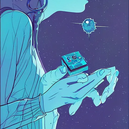 Image similar to A conceptual art. A rip in spacetime. Did this device in her hand open a portal to another dimension or reality?! electric blue by Tomer Hanuka lively