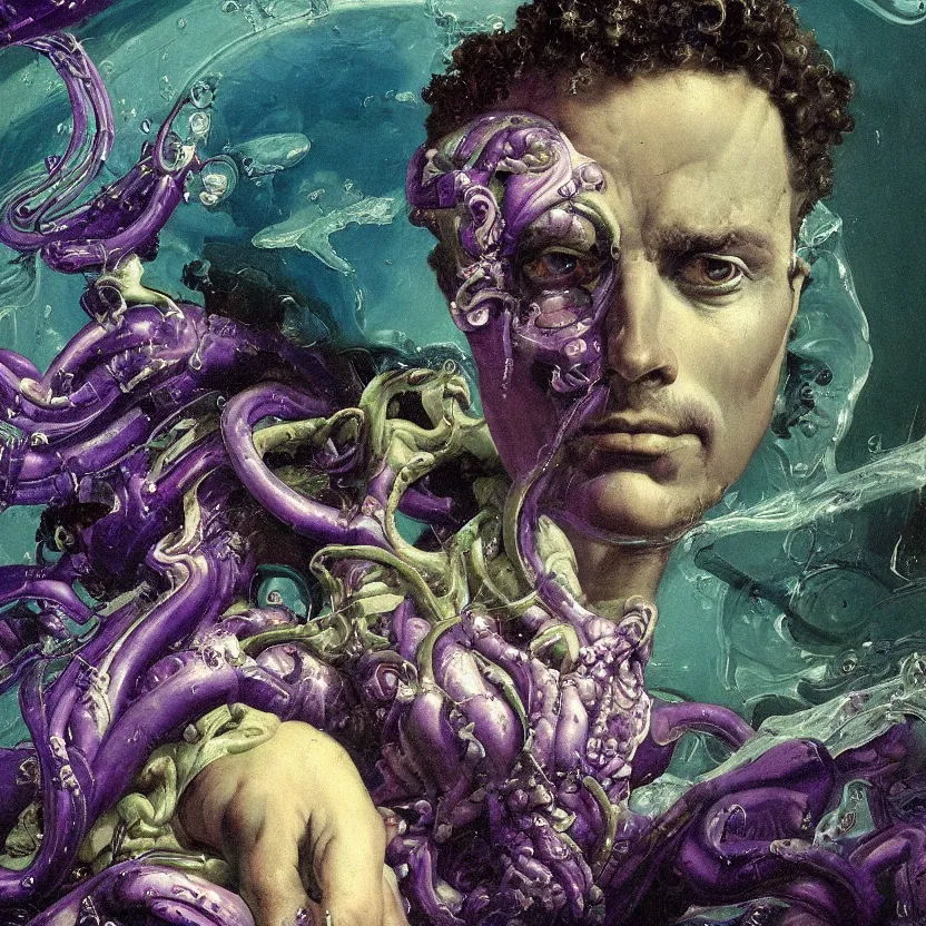 Prompt: baroque neoclassicist close - up portrait of an purple alien sea captain with an intense gaze, underwater with sea creatures in the background. iridescent textures. deep green and blue. highly detailed science fiction painting by norman rockwell, frank frazetta, and syd mead. rich colors, high contrast, gloomy atmosphere. trending on artstation and behance.