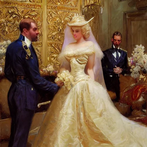 Image similar to painting of prince william marrying attractive marilyn monroe, painting at the victoria and albert museum, highly detailed painting by gaston bussiere, craig mullins, j. c. leyendecker 8 k