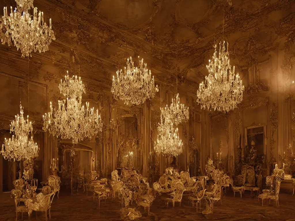 Prompt: Solemn Ghosts Appear in an Opulent French Baroque Ballroom, Hyperrealism, dramatic lighting, spooky, atmospheric
