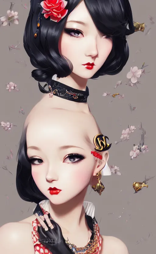 Image similar to a pin up and beautiful fashion and charming and dreamlke japan girl with lv jewelry, character art, art by artgerm lau and kyoung hwan kim and and ilya kuvshinov and john singer sargent, hyperdetailed, 8 k realistic, symmetrical, frostbite 3 engine, cryengine, dof, trending on artstation, digital art